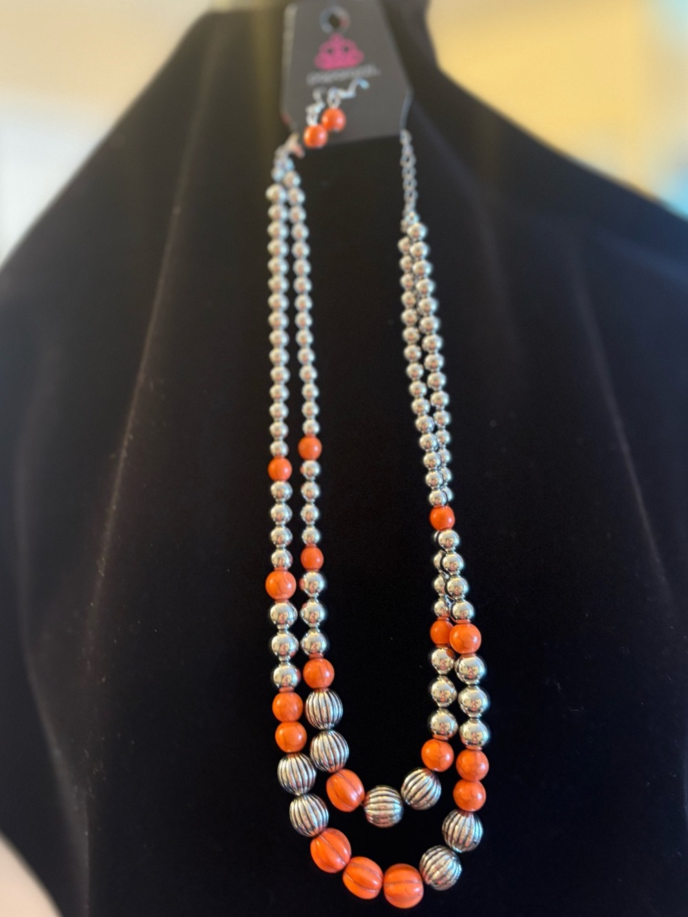 Double Strand Orange and Silver Bead Necklace by